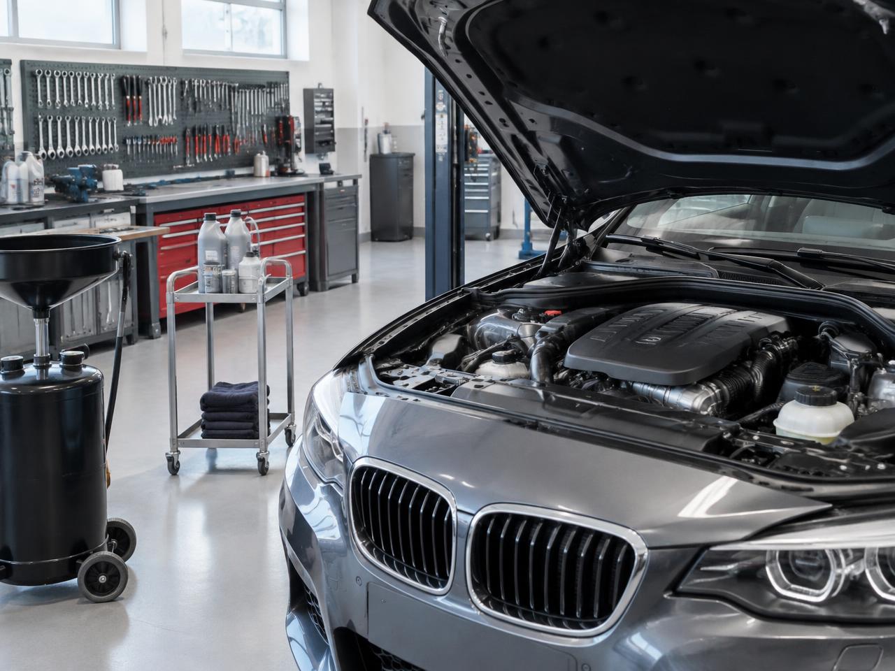 Voiture capot ouvert dans un atelier propre et lumineux