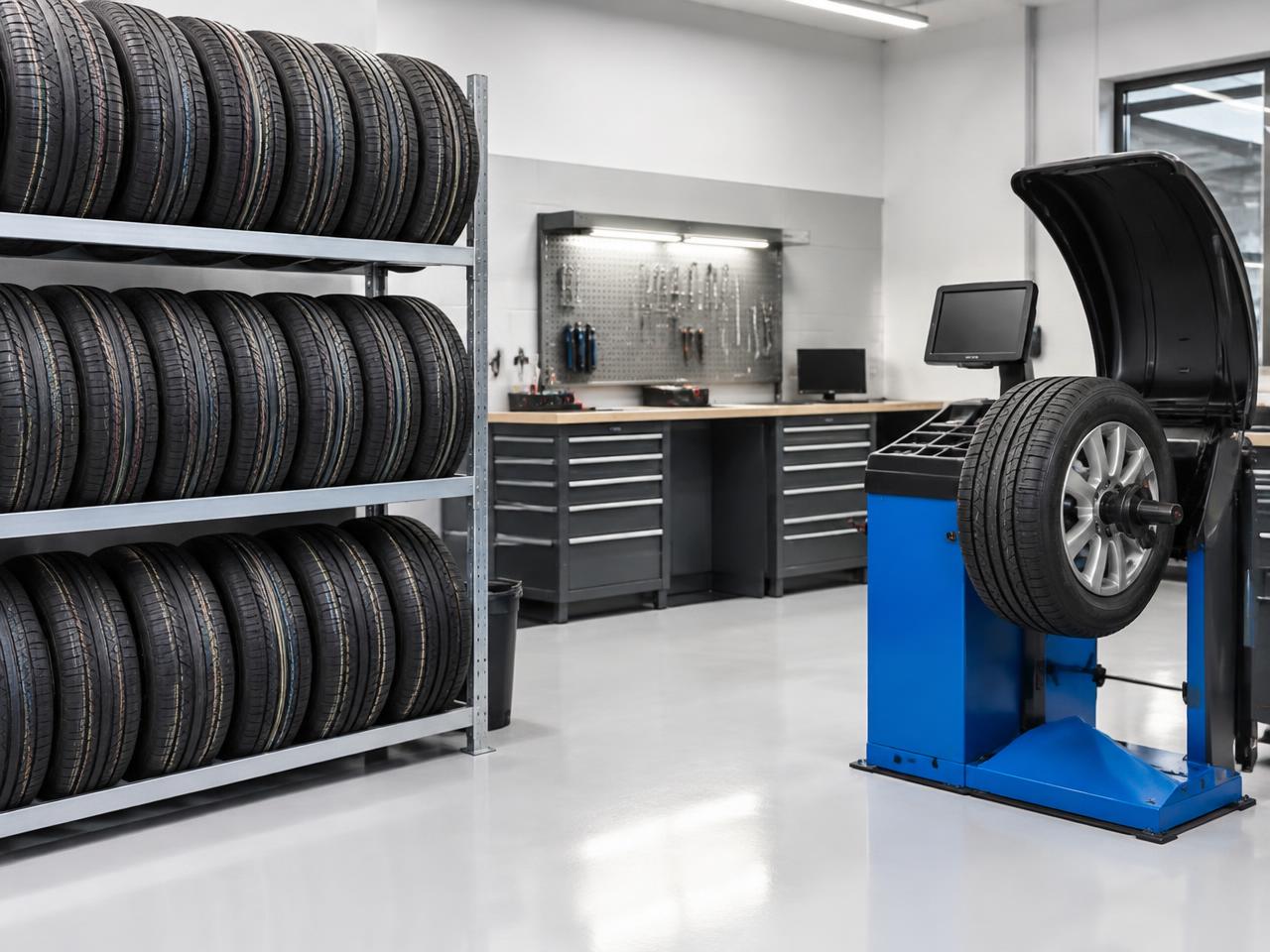 Pneus rangés sur un rack et équilibreuse dans un atelier propre